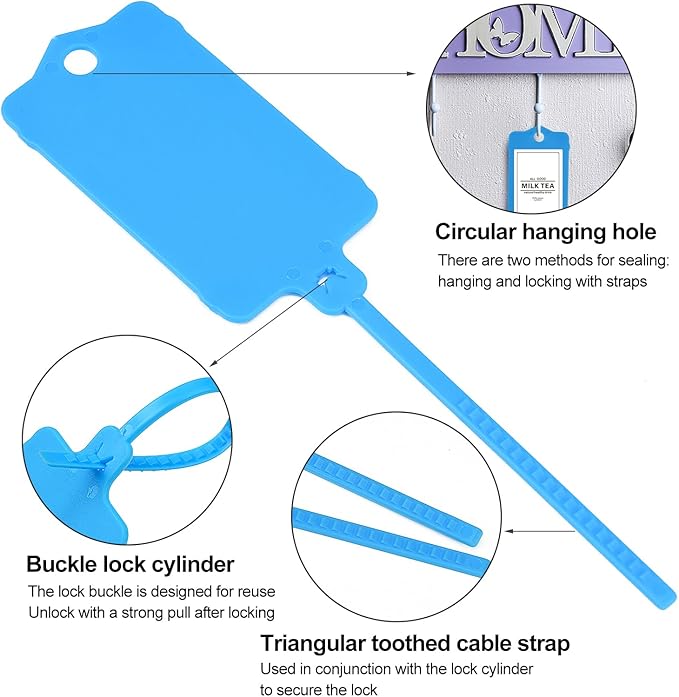 LeadSeals 100pcs Blank Plastic Tags for Labeling Reusable Hanging Tags Ties Key Tag Storage Labels Waterproof Plastic Mark Label Writable Hang Sign with One Marker Pen (Blue)