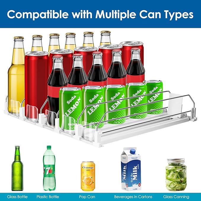 asika Drink Organizer for Fridge, Adjustable Width Soda Can Dispenser for Refrigerator Organizers and Storage, 5 Rows Beer Bottle Beverage Holder with Pusher Glide (16.54" L, White)