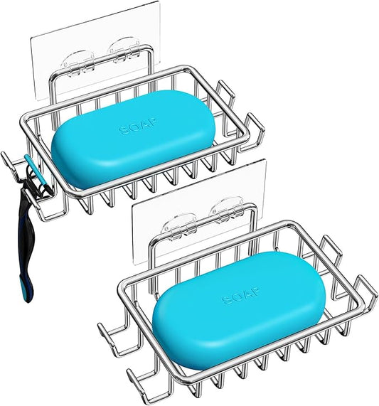 Nieifi Soap Dish,Bar Soap Holder for Shower Wall with 4 Hooks Stainless Steel Adhesive Soap Dish for Bathroom Shower Razor Holder (Silver)