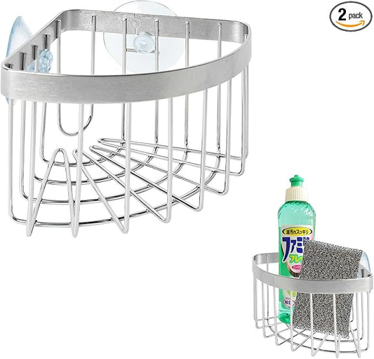 Sink Caddy, Dish Cloth Hanger Sponge Holder, Save Space Triangle 2-in-1 Sink Caddy, 304 Stainless Steel Corner Kitchen Sink Organizer, No Drilling with 2Pcs Suckers