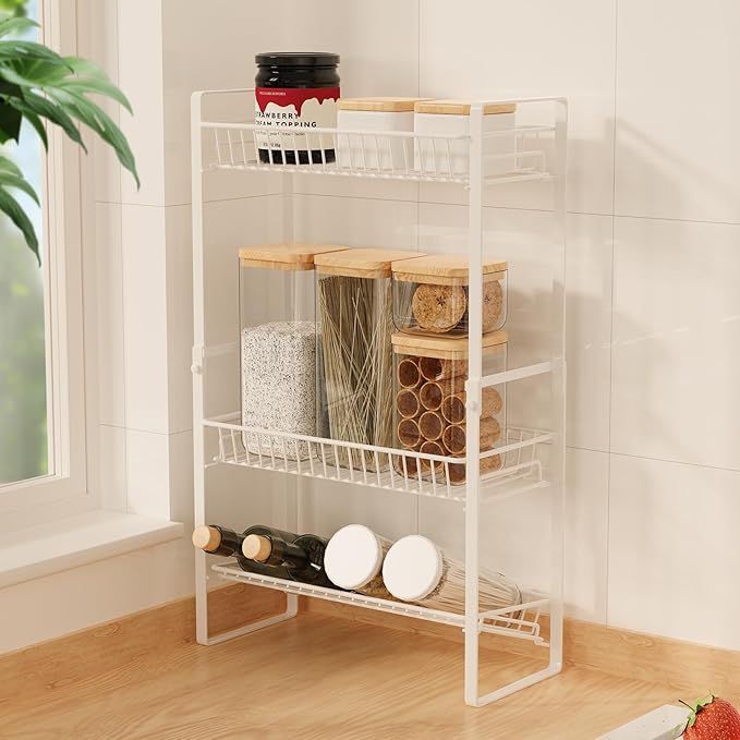 Spice Rack Countertop 3 Tier Narrow Slim Seasoning Storage Rack Metal Spice Shelf Stand Skincare Organiser for Bathroom Counter