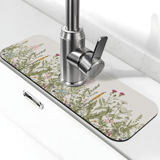 Vintage Color Plants Herbs Floral Kitchen Sink Splash Guard Faucet Mat 1 Pcs, Absorbent Fast Drying Mat Gadgets Splash Guard For Bathroom 15 X 5.5 Inches
