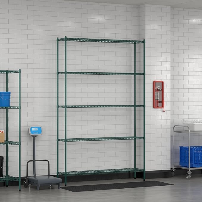 Commercial NSF Listed Green Epoxy Stationary Wire Shelving Kit 14" x 60" x 96", with 5 Shelves Perfect for Warehouse, Walk-in Refrigerator, Freezer, Grocery Store, Restaurant, Dishroom