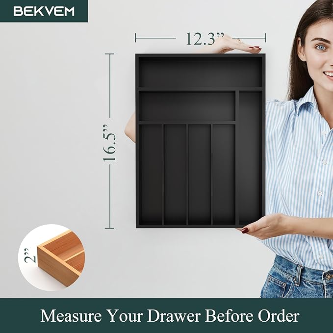 Bamboo Silverware Organizer, Kitchen Drawer Organizer, Utensil Holder, Cutlery Tray & Spoon Flatware Storage with Grooved Drawer Dividers (7 Slots, Black)