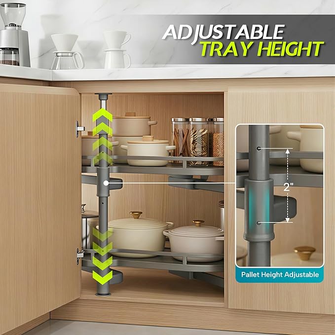 Blind Corner Cabinet Pull Out Organizer 12 14 16 18 Inch, 2 Tier Kitchen Cabinet Organizer, Heavy Duty Adjustable Lazy Susan Shelf with Soft Close, Left or Right Mount for Blind Corner Cabinets