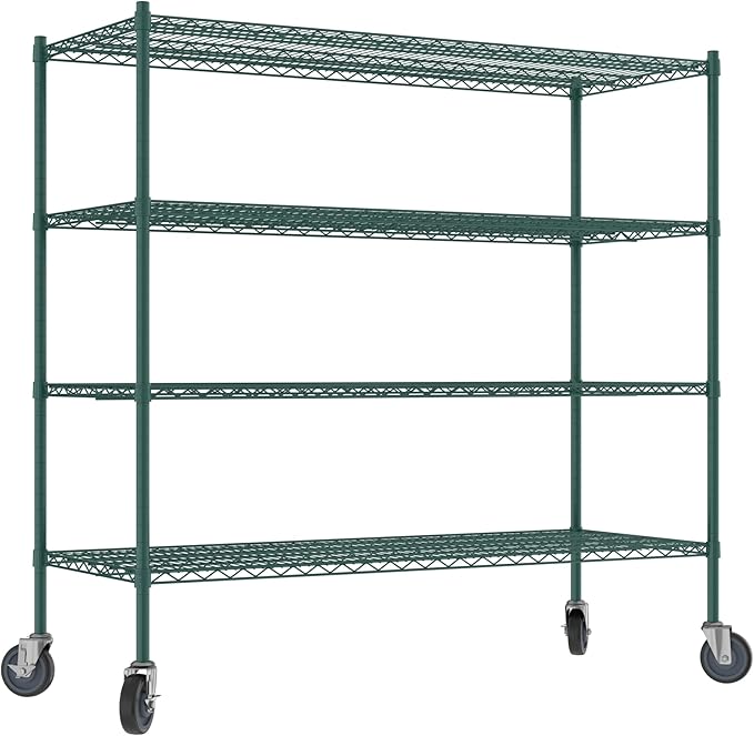 Commercial NSF Listed Green Epoxy Mobile Wire Shelving Kit 24" x 60" x 60", with 4 Shelves Perfect for Warehouse, Walk-in Refrigerator, Freezer, Grocery Store, Restaurant, Dishroom