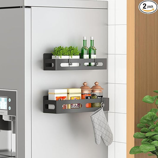 2 Pack Strong Magnetic Spice Rack for Refrigerator, Multipurpose Magnetic Shelf for Fridge with 4 Hooks for kitchen and Bathroom Organization, Black