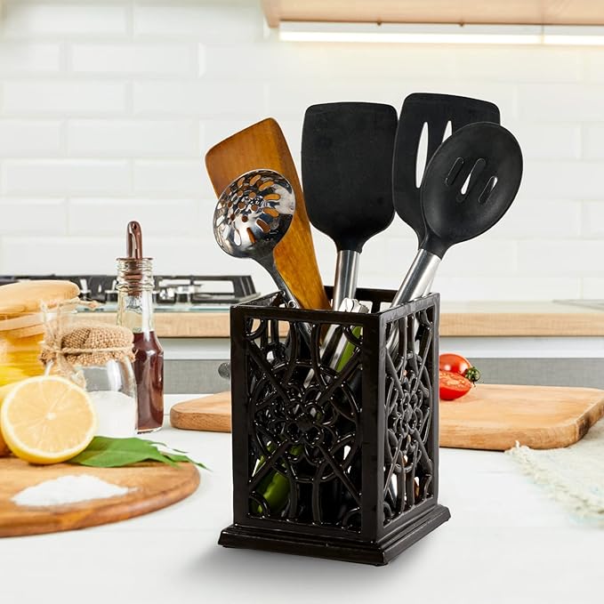 jogreful Utensil Holder, Cast Iron Kitchen Utensil Crock for Countertop, Extra Large Utensil Organizer with Weighted-Base, Housewarming Vintage Decor, Flower Pattern, Coffee Gold