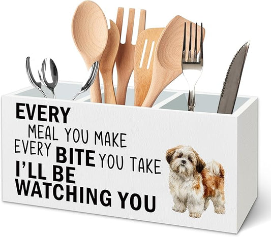 Shih Tzu Dog Kitchen Utensil Holder for Countertop, Dog Decorative Lover Gifts, Funny Every Meal You Make Every Bite You Take Wooden Utensil Holder Organizer for Kitchen Table Decor