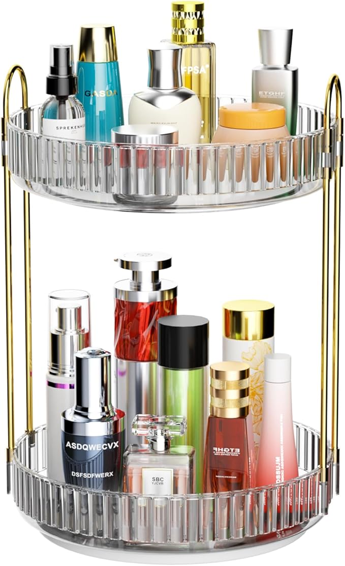 GTI 360°Rotating Makeup Organizer, 2 Tier Bathroom Counter Organizer,Large Capacity Perfume Cosmetics Skincare Vanity Organizers, Dresser Spinning Countertop Organizer and Storage for Women (Grey)