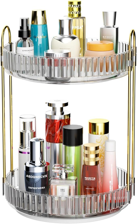 GTI 360°Rotating Makeup Organizer, 2 Tier Bathroom Counter Organizer,Large Capacity Perfume Cosmetics Skincare Vanity Organizers, Dresser Spinning Countertop Organizer and Storage for Women (Grey)