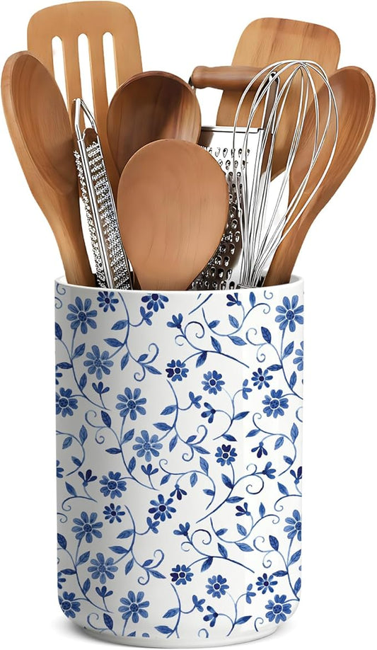 Kitchen Utensil Holder for Kitchen Countertop,Blue Ceramic Utensil Holder,Cooking Utensils Holder, Large Utensil Crock for Counter,Tool Holder,6.3"+4.7"(Blue and White)