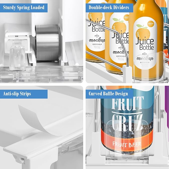 Drink Organizer for Fridge, Adjustable Width Soda Can Dispenser for Refrigerator Organizers and Storage, 3 Rows Beer Bottle Beverage Holder with Pusher Glide (14.96" D, White)