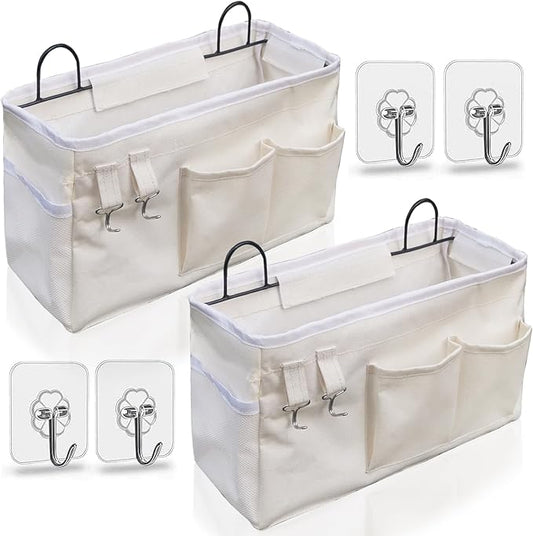 2pcs Large Wall Hanging Organizer Bag, Linen Fabric Door Hanging Storage Baskets with Pockets, Waterproof Bin for Kitchen, Bedroom, Office, RV Camper (White)