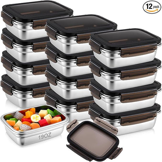 Acellegic 12 Pcs 304 Stainless Steel Food Storage Containers with Lid, Airtight Metal Food Containers Reusable Stackable Bento Meal Lunch Box Freezer/Dishwasher Safe for Kitchen Travel(19oz/ 550 ml)