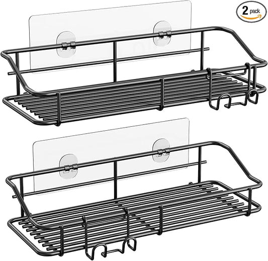 Nieifi Shower Caddy Shelf with Hooks Storage Rack Organizer Adhesive Stainless Steel Without Drilling for Bathroom, Lavatory, Washroom, Restroom, Shower, Toilet, Kitchen - 2 Pack (Black)