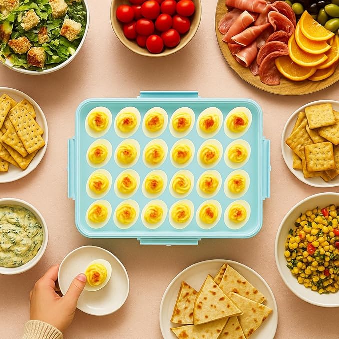 Deviled Egg Containers with Lid - Reusable Platter 2 Pack 48 Count Storage Tray with Handle for Potlucks, Tea Parties, Party, Thanksgiving, Picnics, Refrigerator, Christmas, Easter, Brunches (Blue)