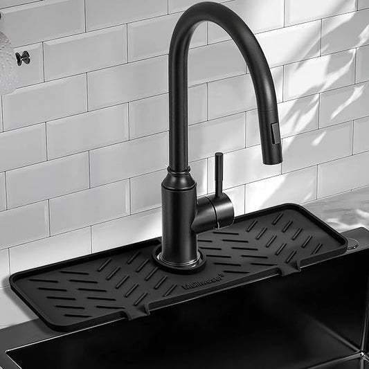 Meiliweser Silicone Faucet Mat for Kitchen Sink – Gen 2 Splash Guard with Upgraded Outlet & Slope – 18” x 5.1” Water Catcher & Sink Sponge Holder for Kitchen and Bathroom (Black)