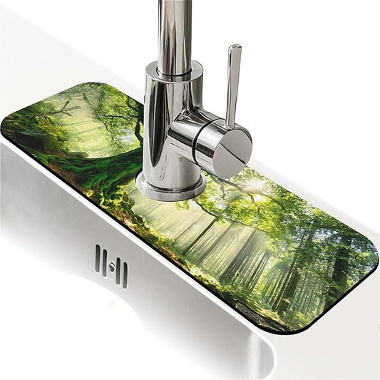 Kitchen Sink Splash Guard，Quiet Forest Faucet Mat Sink Gadgets-Super Absorbent Fast Drying Mat Drip Catcher for Kitchen, Bathroom,Sink Mat, Dish Drying Mat, Bathroom(15" X 5.5" )