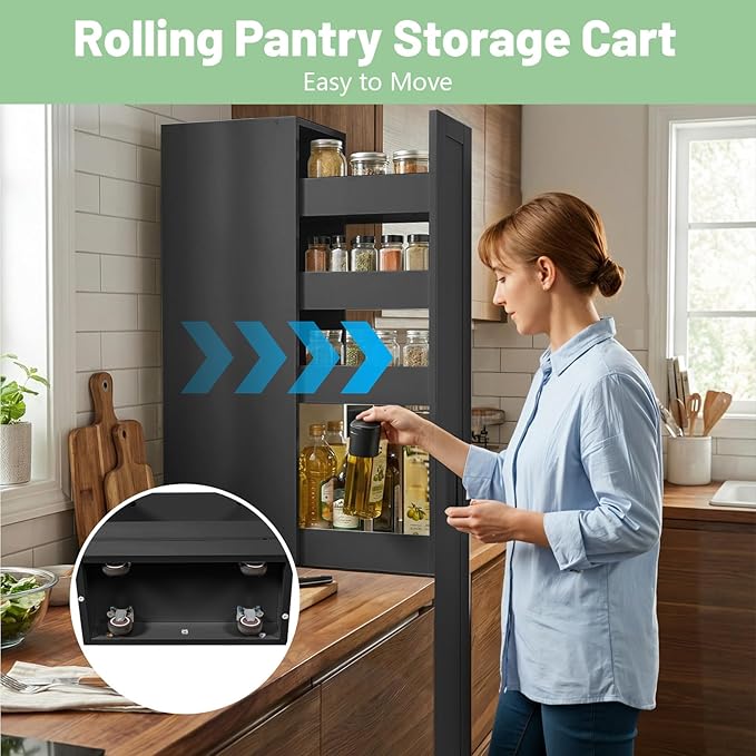 7 Tier Slim Rolling Pantry Storage Cart Wood Spice Rack on Wheels Next to Fridge Mobile Shelving Unit Space-Saving Narrow Pull-Out Utility Cart for Kitchen Bathroom Laundry Narrow Places, Black