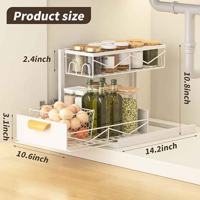 CHIKESI Under Sink Organizer - 2 Tier Pull Out Cabinet Organizer with Sliding Drawers, Adjustable Metal Storage Shelf for Kitchen & Bathroom, Space Saving Storage Solution (White, 1-Pack)