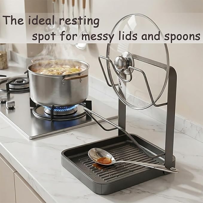 Kitchen Pot Lid Storage Rack, Multifunctional Holder While Cooking, Secure U-Shaped Slots Spoon Rest & Cutting Board Organizer, Removable Drip Tray for Countertop Stove Top (Black2)
