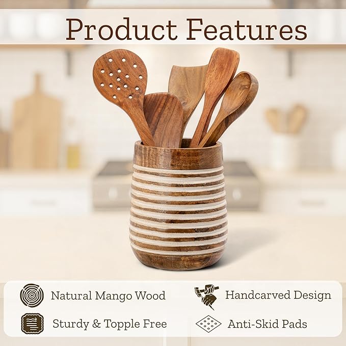 Mie Creations Boho 7'' Large Utensil Holder for Kitchen Counter | Handcrafted Wooden Utensils Crock Cooking Spatula Organizer | Gifts for Mom, Utensil Holder Caddy, Countertop Supplies- White Lining