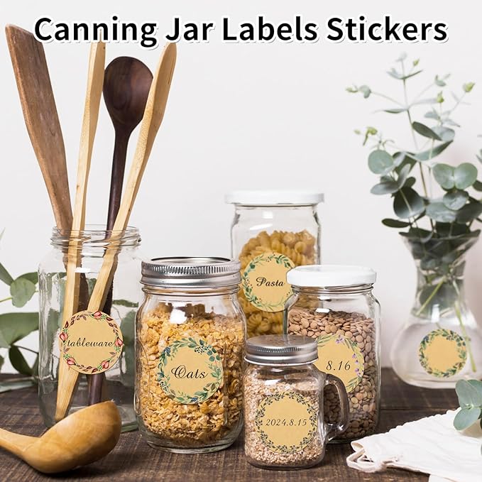 400Pcs Canning jar Labels,2 inch Kraft Paper Mason jar Labels,Christmas Gift Labels Tags Stickers,5 Design of Floral Wreath,Spice Labels Stickers for Storage Organizing Tags Envelop Seal