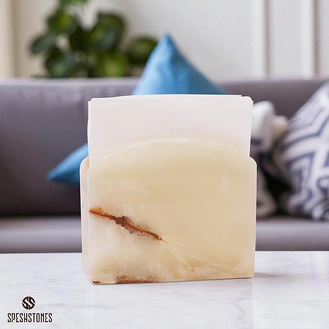 Marble Napkin Holder 6.5 Inch Handmade White onyx Stone Organizer for Tissue Paper & Cocktail Napkins, Coffee Bar Table, Bathroom, Gifts, Kitchen Countertop & Home Decor