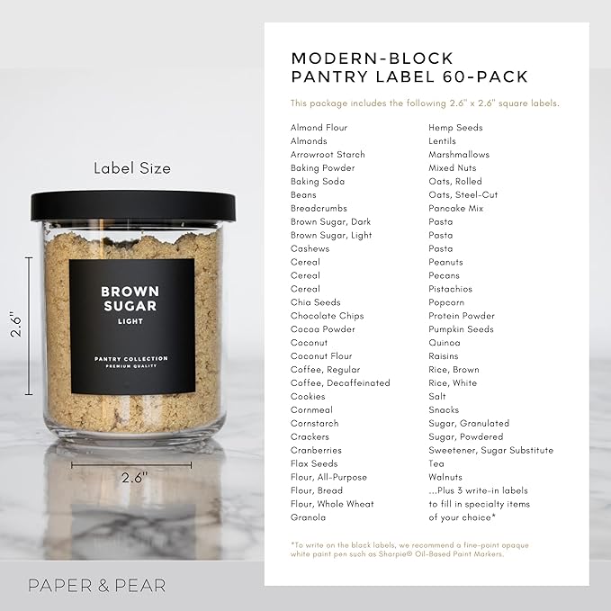 Modern Block-Black Pantry Labels for Containers Preprinted Waterproof by Paper & Pear - Oil & Tear Resistant Square Kitchen Pantry Labels for Home Improvement - Set of 60, 2.6 Inches (No Jars)