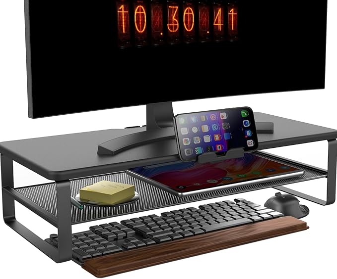 Monitor Stand with drawer, 2-Tier Monitor Stand Riser with Phone Holder and Cable Management - Desk TV Shelf, Laptop Printer, Desk Organizer Stand, for Home & Office, Black