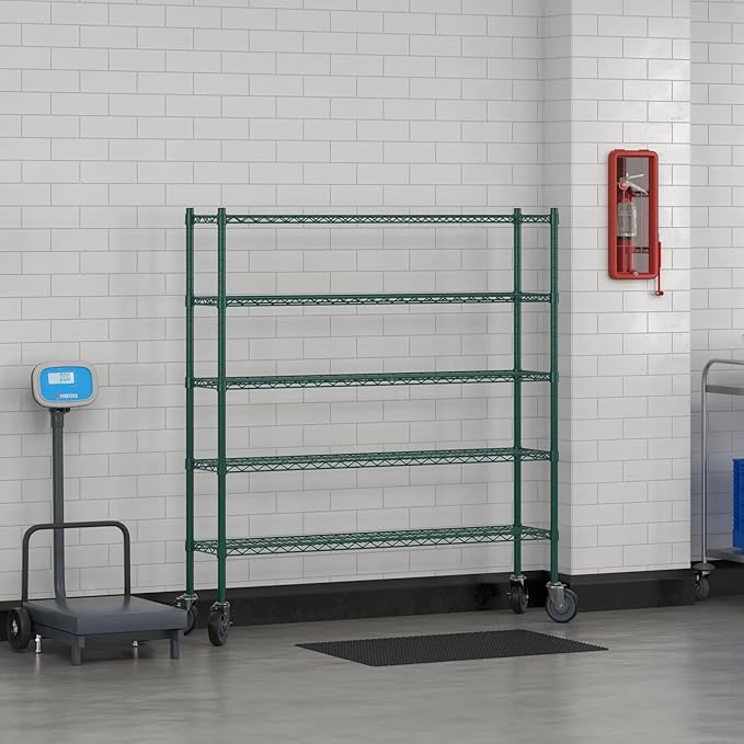 Commercial NSF Listed Green Epoxy Mobile Wire Shelving Kit 12" x 54" x 60", with 5 Shelves Perfect for Warehouse, Walk-in Refrigerator, Freezer, Grocery Store, Restaurant, Dishroom