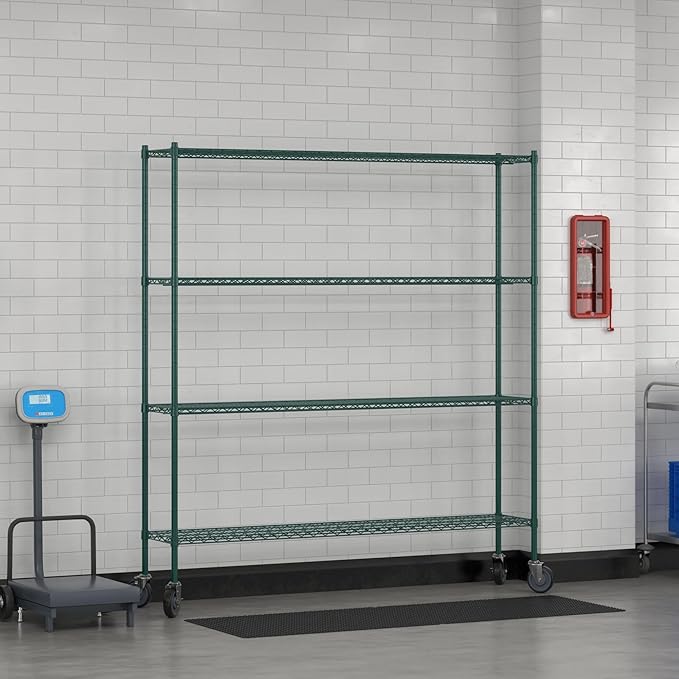 Commercial NSF Listed Green Epoxy Mobile Wire Shelving Kit 14" x 72" x 80", with 4 Shelves Perfect for Warehouse, Walk-in Refrigerator, Freezer, Grocery Store, Restaurant, Dishroom
