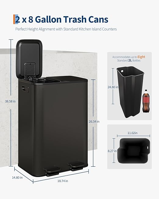 GarveeHome 2 x 8 gal Stainless Steel Double Trash Can with Lid for Kitchen, Large Dual Trash and Recycle Bin Combo, Step-on Kitchen Metal Garbage Cans, PP Inner Buckets, Liner Rim, Matte Black