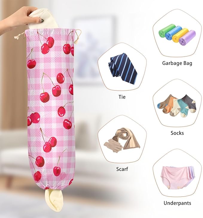 Plastic Bag Holder Wall Mount Grocery Bag Shopping Bag Storage Holder Organizer Dispenser with Adhesive Hook,for Kitchen Bathroom Home Decor 9x22 Inches Pink Juicy Checkered Cherry30