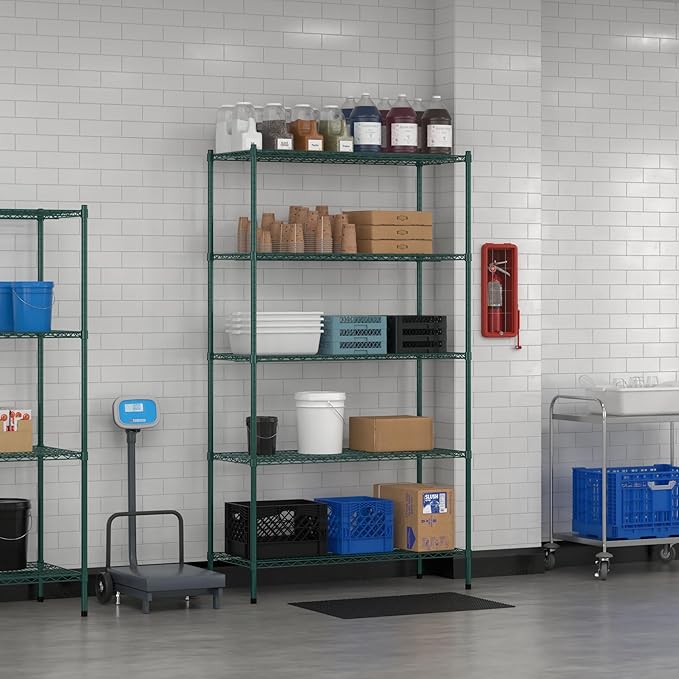 Commercial NSF Listed Green Epoxy Stationary Wire Shelving Kit 21" x 48" x 86", with 5 Shelves Perfect for Warehouse, Walk-in Refrigerator, Freezer, Grocery Store, Restaurant, Dishroom