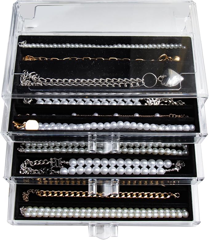Necklace Holder Organizer, Dustproof Necklace Box Velvet Necklace Organizer Box with Lid Clear Acrylic Dustproof Stackable Jewelry Displays for Necklaces Chain Display (Black, 3 Drawer)