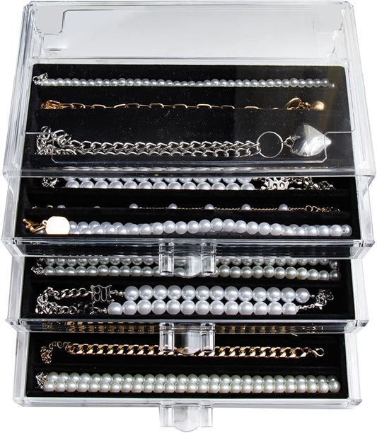 Necklace Holder Organizer, Dustproof Necklace Box Velvet Necklace Organizer Box with Lid Clear Acrylic Dustproof Stackable Jewelry Displays for Necklaces Chain Display (Black, 3 Drawer)