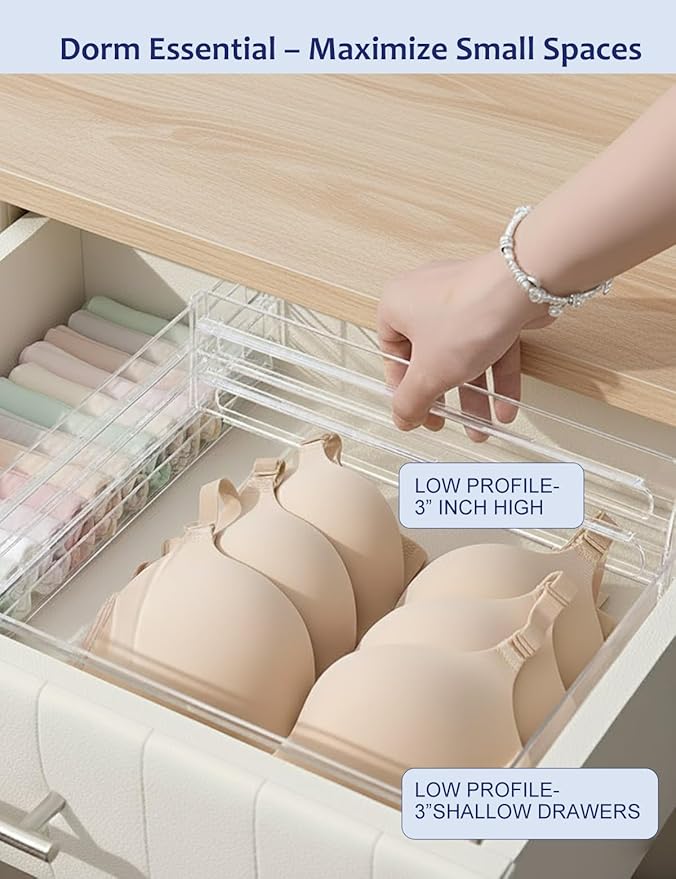 5 Pack Clear Drawer Dividers with Adhesive Pads - Adjustable Crystal Transparent Organizer for Clothes, Kitchen, Bathroom & Makeup - 3 Inch High Expandable Separators for Shallow Drawers