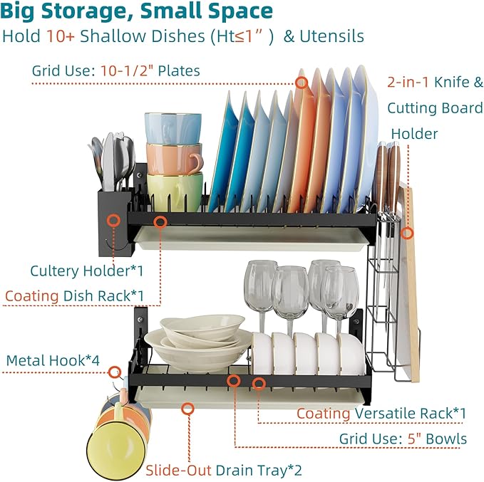 Hanging Wall Mounted Dish Drying Rack Set with Detachable & Removable Layer*2, Hook*4, Drain Tray*2, Apartment & RV Wall Mounted Dish Rack, Adhesive Mountable, Length: 15.9", Washable (Black)