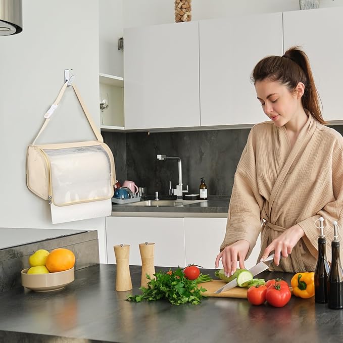 Kitchen Paper Towel Holder, Hanging Paper Towel Dispenser with Transparent Cover, Easy to Tear Papers Waterproof Papers Towels Holder for Kitchen Organization and Storage (Beige)