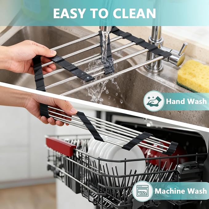 Credon Triangle Roll Up Dish Drying Rack Over The Sink, Foldable Multipurpose Corner Sink Caddy, Stainless Steel Anti Slip and Rust Proof Kitchen Sink Drainer Organizer, Small Space Solutions (Black)