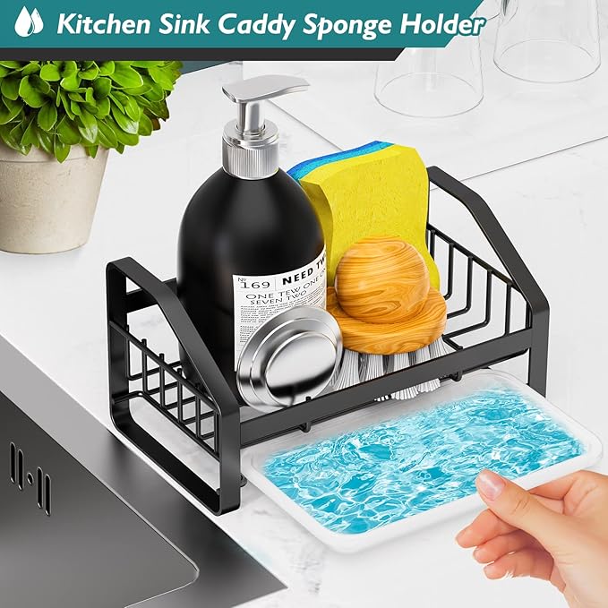 Sink Caddy, Sponge Holder for Kitchen Sink, Bathroom Sink Organizer, 304 Stainless Steel Kitchen Countertop Organizer Soap Tray with Removable Drain Tray-Black