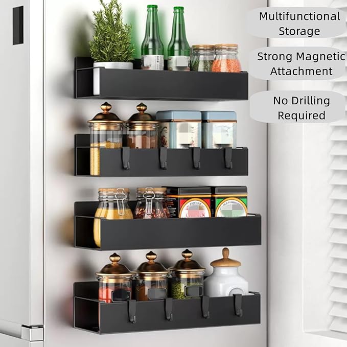 Punch Free Magnetic Storage Rack Organize Space-Saving Kitchen Organizer, Magnetic Storage Rack for Refrigerator, Metal Magnetic Spice Storage Rack Organizer with Hooks (Small)