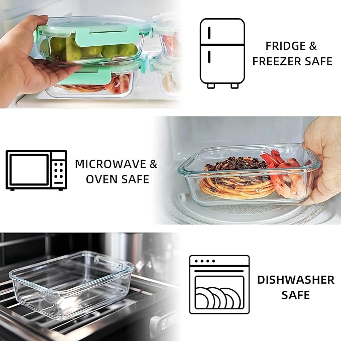 10 Pack 22 oz Glass Meal Prep Containers, Food Storage Containers with Lids, Airtight Leakproof Lunch Containers for Kitchen, Freezer, Microwave, Dishwasher Safe (Mint Green)