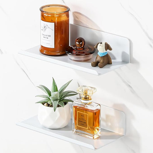 SAYAYO White Floating Shelves for Wall Storage, 8 Inch Adhesive Wall Shelves for Bedroom Decor, Small Display Bathroom Shelf Organizer for Kitchen, Living Room, Office, 2pcs