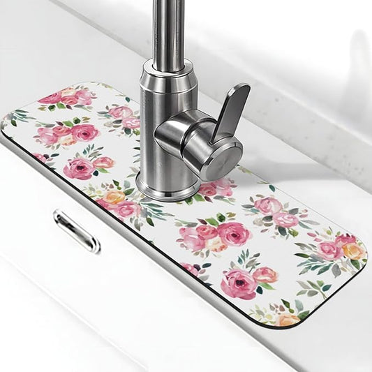 Pink Red Rose Roses Floral Flower Kitchen Sink Splash Guard Faucet Mat Super Absorbent Fast Drying Mat Sink Gadgets-Fast Drying Pad Sink Mat For Kitchen Bathroom (15" X 5.5" )