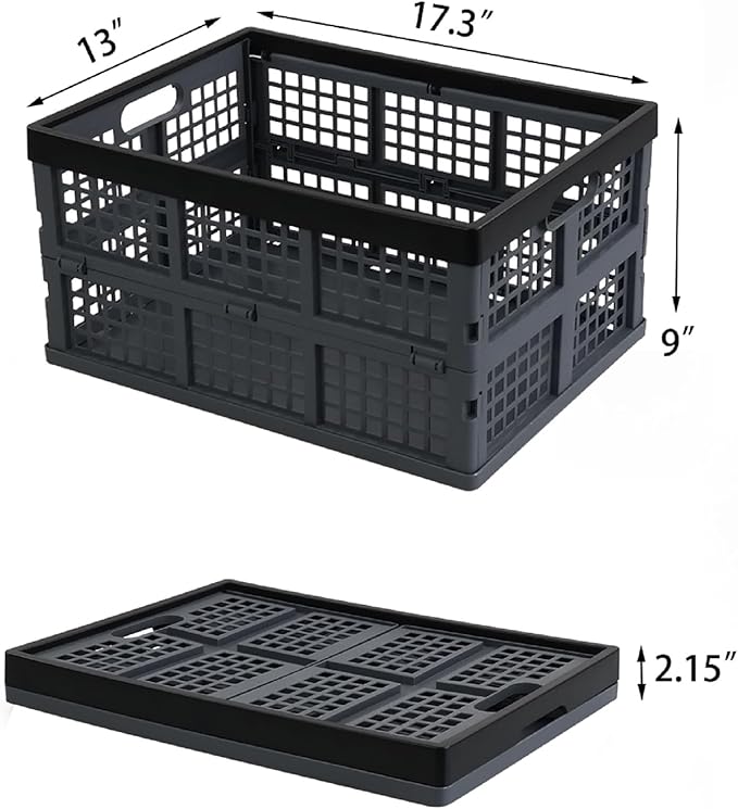 Hommp 3-Pack 34 L Plastic Collapsible Storage Crates, Large Stackable Folding Storage Crates