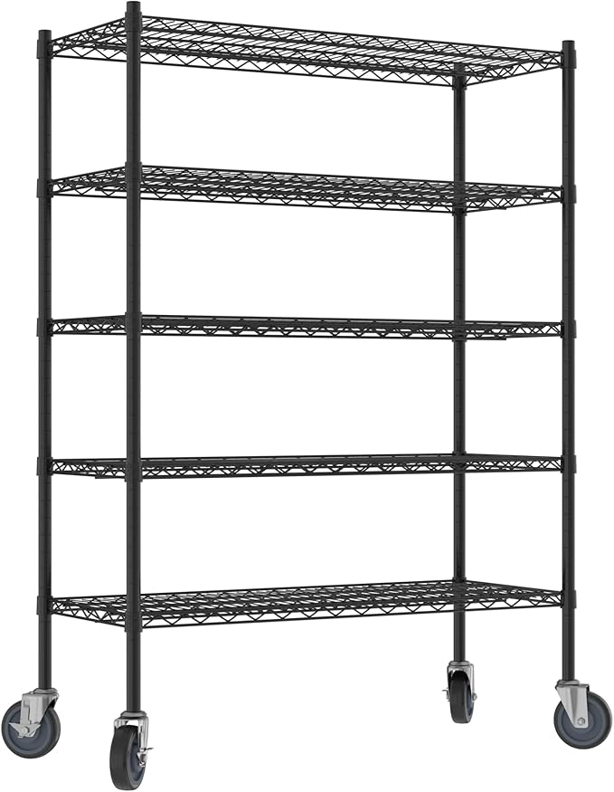 Commercial NSF Listed Black Epoxy Mobile Wire Shelving Kit 18" x 42" x 60", with 5 Shelves Perfect for Warehouse, Walk-in Refrigerator, Freezer, Grocery Store, Restaurant, Dishroom