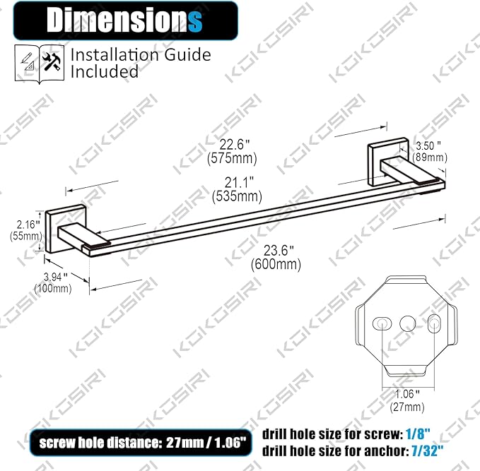 KOKOSIRI Towel Bars Matte Black Bathroom Towel Rails Wall Mounted, 24 Inches Bath Towel Holder for Kitchen Toilet Cabinet Showeroom, Stainless Steel B4006BK-L24